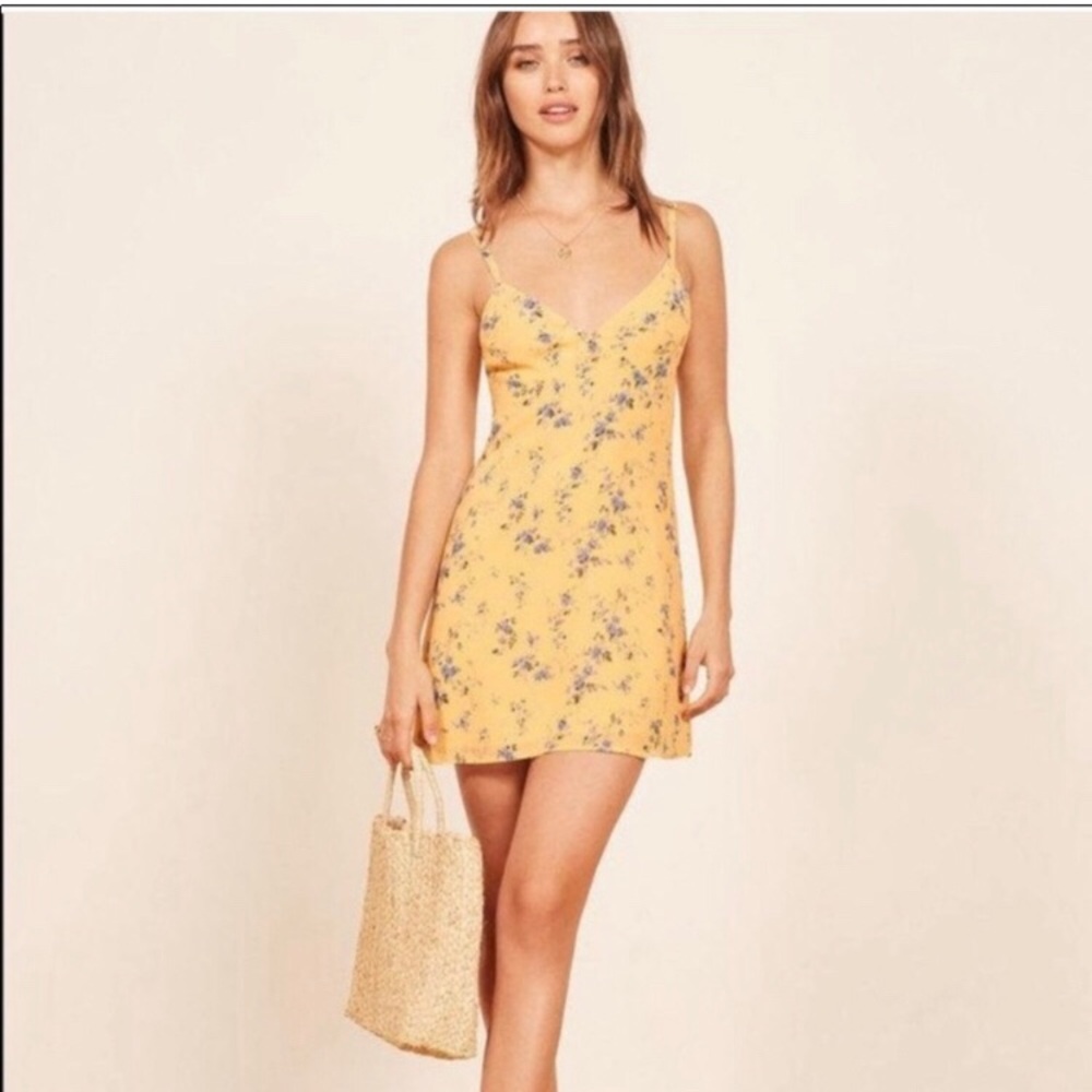 Reformation Yellow Floral Slip Dress with Spaghetti Straps, size S